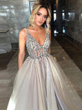 Sparkly Open Back Deep V-neck Long Slit Prom Dresses