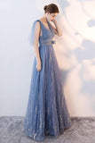 Elegant A-Line Blue Tulle V-Neck Backless Sleeveless Sweep Train Prom Dresses