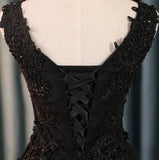 Black V Neck Cute A-Line Appliques Sleeveless Tulle Lace Beading Short Homecoming Dress