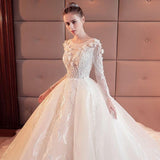 2024 Gorgeous Scoop Lace Appliques Flowers White Organza Long Sleeve Wedding Dresses