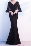 Elegant Black Lace Popular V-Neck Half Sleeve Sexy Mermaid Lace up Prom Dresses