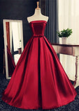 Long Burgundy Prom Dresses Ball Gowns Evening Party Gown Strapless Stain Lace-up Dress