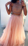 Charming A-Line Beading Two Pieces Long High Neck Tulle Floor-Length Prom Dresses