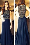 Long Navy Chiffon Beading Sleeveless A-Line Scoop Long Evening Dress Prom Dresses