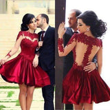 Short Ball Gown High Neckline with Long Sleeves Lace Dark Wine Red Backless Lace Prom Dress