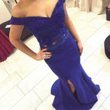 Two Piece Off the Shoulder Sweetheart Mermaid Side Split Long Royal Blue Prom Dresses