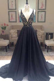 New Arrival Deep V-Neck Lace Chiffon Elegant A-line Black Long Open Back Prom Dresses