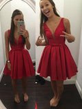 A-line Knee-Length V-neck Satin Red/Blue Ribbon Homecoming Dress