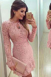 Lace dress pink Sexy lace Elegant short O neck Prom Dresses Long sleeve Party dresses