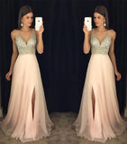 Modest sparkly crystal beaded v-neck open back long chiffon pageant slit Prom Dresses