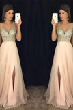 Modest sparkly crystal beaded v-neck open back long chiffon pageant slit Prom Dresses