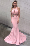 Decent Round Neck Keyhole Sweep Train Pink Mermaid Prom Dress with Appliques