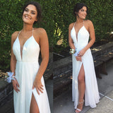 Chic Halter White Split V-neck Backless Prom Evening