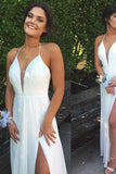 Chic Halter White Split V-neck Backless Prom Evening