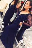 Crystal Mermaid Long-Sleeves Dark-Navy Deep-V-Neck Open-Back Prom