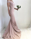 Blush Pale Pink Sexy Off the Shoulder Mermaid Charming Satin Sweep Train Prom Dresses