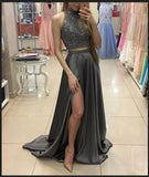 Two Pieces Beaded Gray Front Split Long Modest Prom Dresses Sparkly Prom Dresses