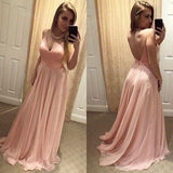 Sexy Blush Pink Backless Simple Long V-Neck Spaghetti Straps Backless Prom Dresses