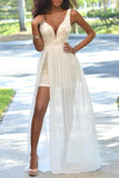 Cheap Popular Backless Sleeveless V-Neck Ivory Lace Side Slit Chiffon Prom Dresses