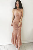 Pink Mermaid Sweetheart Spaghetti Strap Lace Appliques Prom Dresses Ankle Length