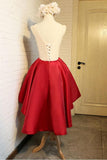 A Line Red Appliques Lace High Low Lace up Satin Scoop Homecoming Dresses