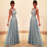 Elegant A Line Lace Appliques Long Blue Open Back Prom Dresses Homecoming Dresses