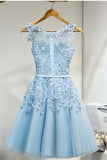 Light Sky Round Neck Tulle Appliques Short Sleeveless Graduation Homecoming Dress