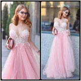 Pink Tulle Scoop Neck Princess Sweetheart Floor-length with Appliques Lace Prom Dresses