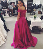 Off-the-Shoulder with Pockets Open Back Scoop A-line Simple Cheap Long Prom Dresses