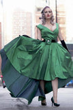 Elegant Sexy A-Line Deep V-neck Cap Sleeve High Low Green Taffeta Prom Dresses