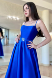 Royal Blue Satin A-Line Spaghetti Straps Formal Prom Dress