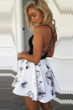 A-Line Black Spaghetti Straps White Floral Polyester V Neck Satin Homecoming Dresses