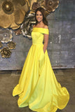 Elegant Yellow Off The Shoulder Satin A Line Princess with Pockets Prom Dresses