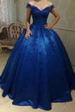 Unique Royal Blue Off Shoulder Lace Sweetheart Appliques Long Ball Gown Prom Dresses