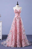 Pink A-line Sweetheart Strapless Sweep Train Floral Print Long Lace Prom Dresses with flowers