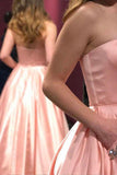 A-Line Satin Strapless Princess Floor-length Beading with Pockets Sleeveless Prom Dresses