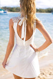 White Simple Short Cheap Open Back Sleeveless Cute Lace Graduation Homecoming Dress