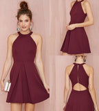 Cheap A Line Burgundy Short Prom Dress Satin Knee Length Sleeveless Homecoming Dress