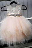 A-Line Tulle Beads Appliques Scoop Blush Pink Button Cap Sleeve Flower Girl Dresses