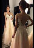 Sparkly V Neck Prom Dress Sexy Backless Evening Dress Tulle Long Prom Gown