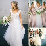 Elegant A-Line V Neck Cap Sleeves Tulle Appliques White Wedding Dresses with Lace