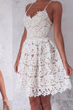 A-Line Spaghetti Straps Lace up Ivory Lace Short Sleeveless Sweet 16 Cocktail Dress