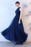 Elegant A-Line Blue Halter Tulle Long Open Back Beads Lace up Prom Dresses