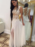 Sexy A-line Crew Floor-Length Chiffon Sleeveless Beaded Appliques White Prom Dresses