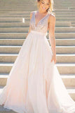 A Line Pink V Neck Sequins Simple Long Cheap Chiffon Backless Sleeveless Prom Dresses