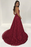 Sexy Lace Deep V Neck Side Slit A Line Long Backless Halter Burgundy Prom Dresses