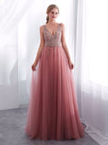 Beautiful Sleeveless Blush Pink V Neck Long Prom Dresses