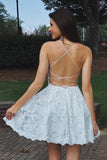 A Line Sweetheart Spaghetti Straps Backless White Lace Appliques Short Homecoming Dresses