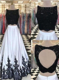 Elegant A line Two Pieces Open Back Scoop Satin Lace Beads Cheap Prom Dresses