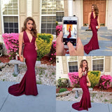 New Simple Mermaid V-Neckline Backless Prom Dress Dark Burgundy Evening Formal Gowns